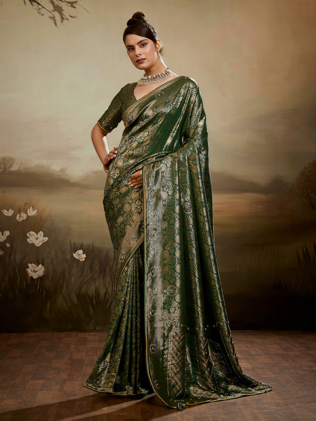 Bottle-Green Kanjivaram Silk Embroidered Handloom Saree