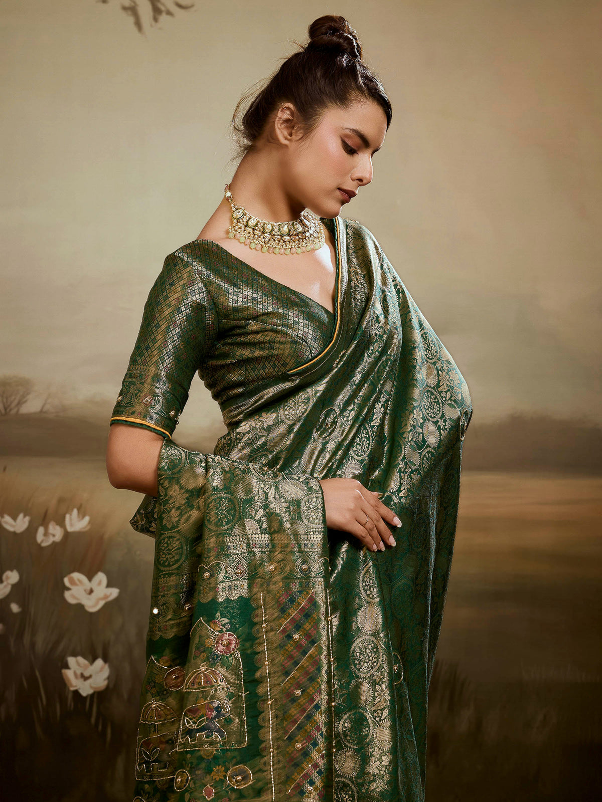 Bottle-Green Kanjivaram Silk Embroidered Handloom Saree