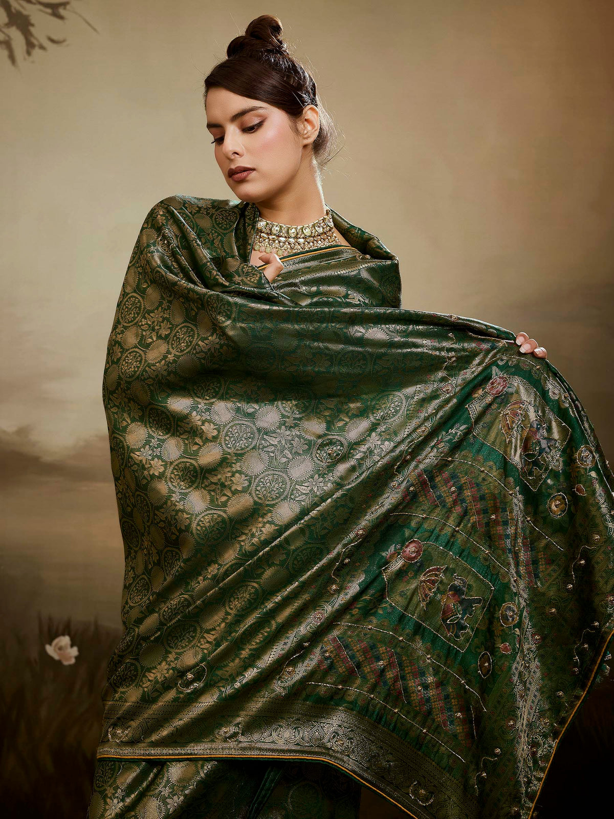 Bottle-Green Kanjivaram Silk Embroidered Handloom Saree