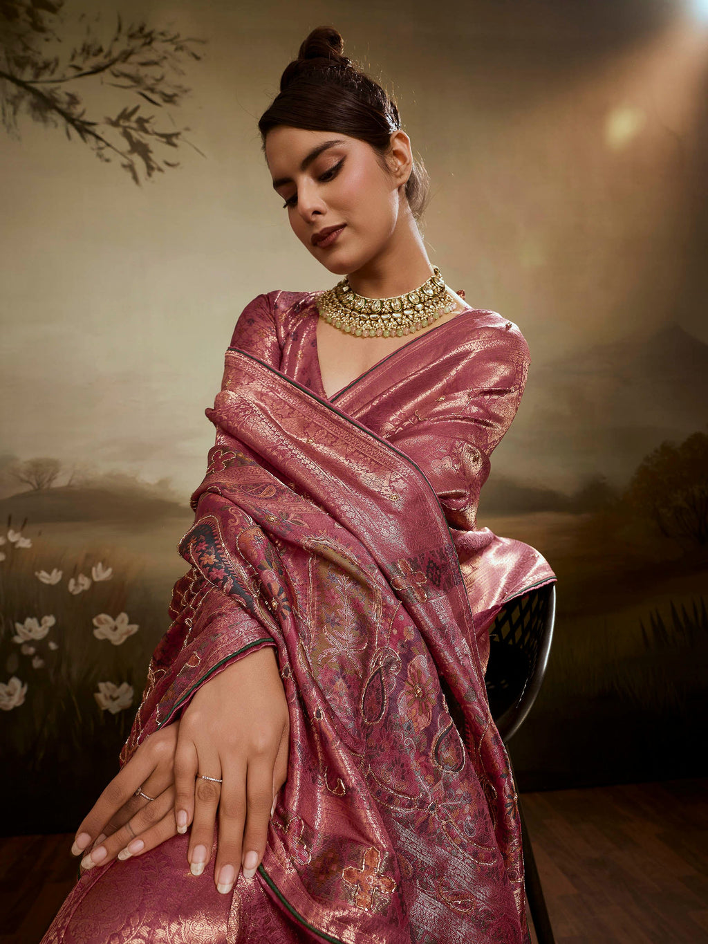 Onion-Pink Kanjivaram Silk Embroidered Handloom Saree