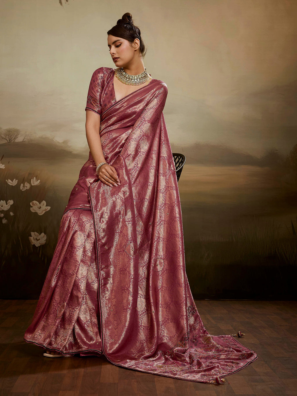 Onion-Pink Kanjivaram Silk Embroidered Handloom Saree