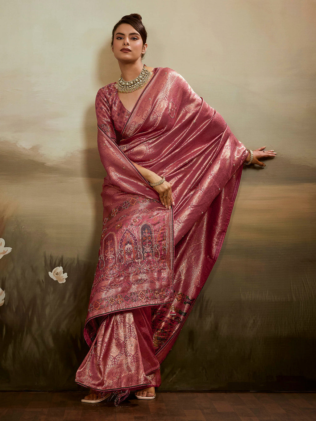 Onion-Pink Kanjivaram Silk Embroidered Handloom Saree