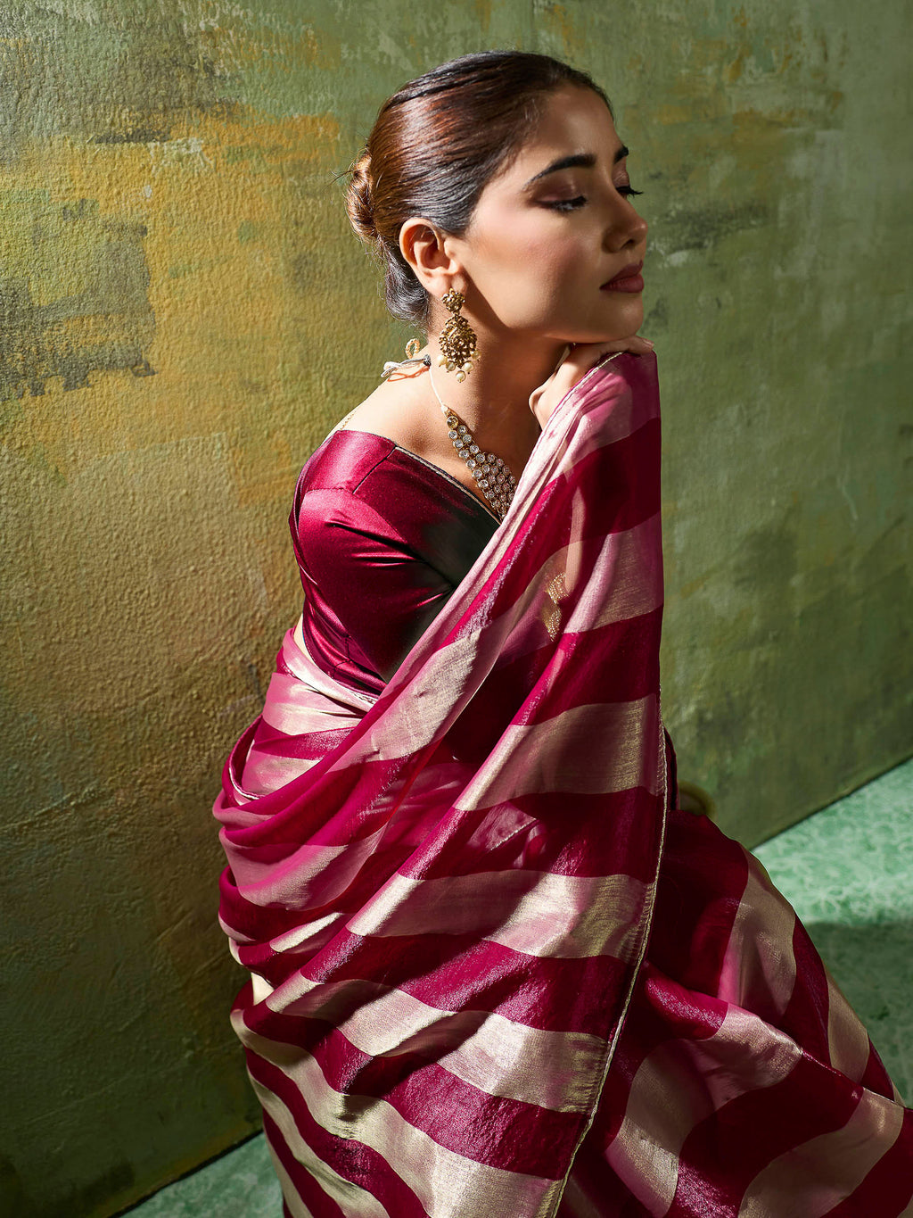 Maroon Satin Woven Saree