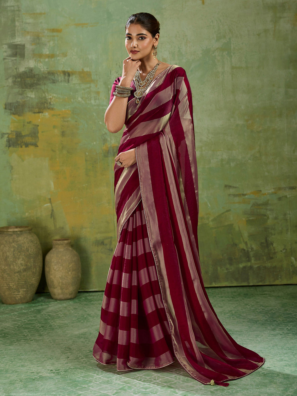 Maroon Satin Woven Saree