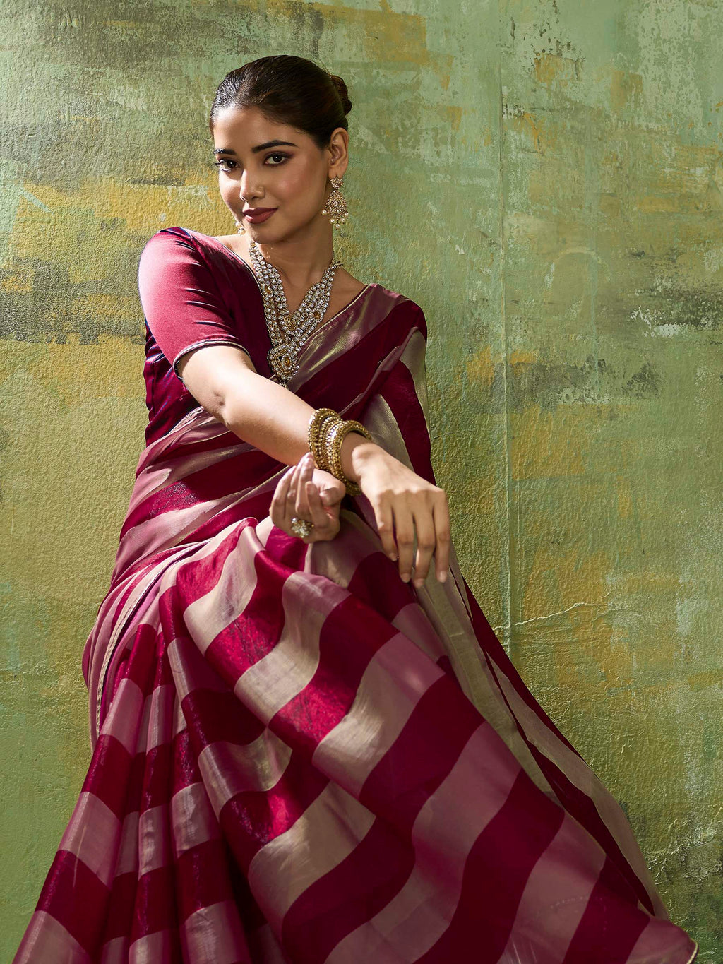 Maroon Satin Woven Saree