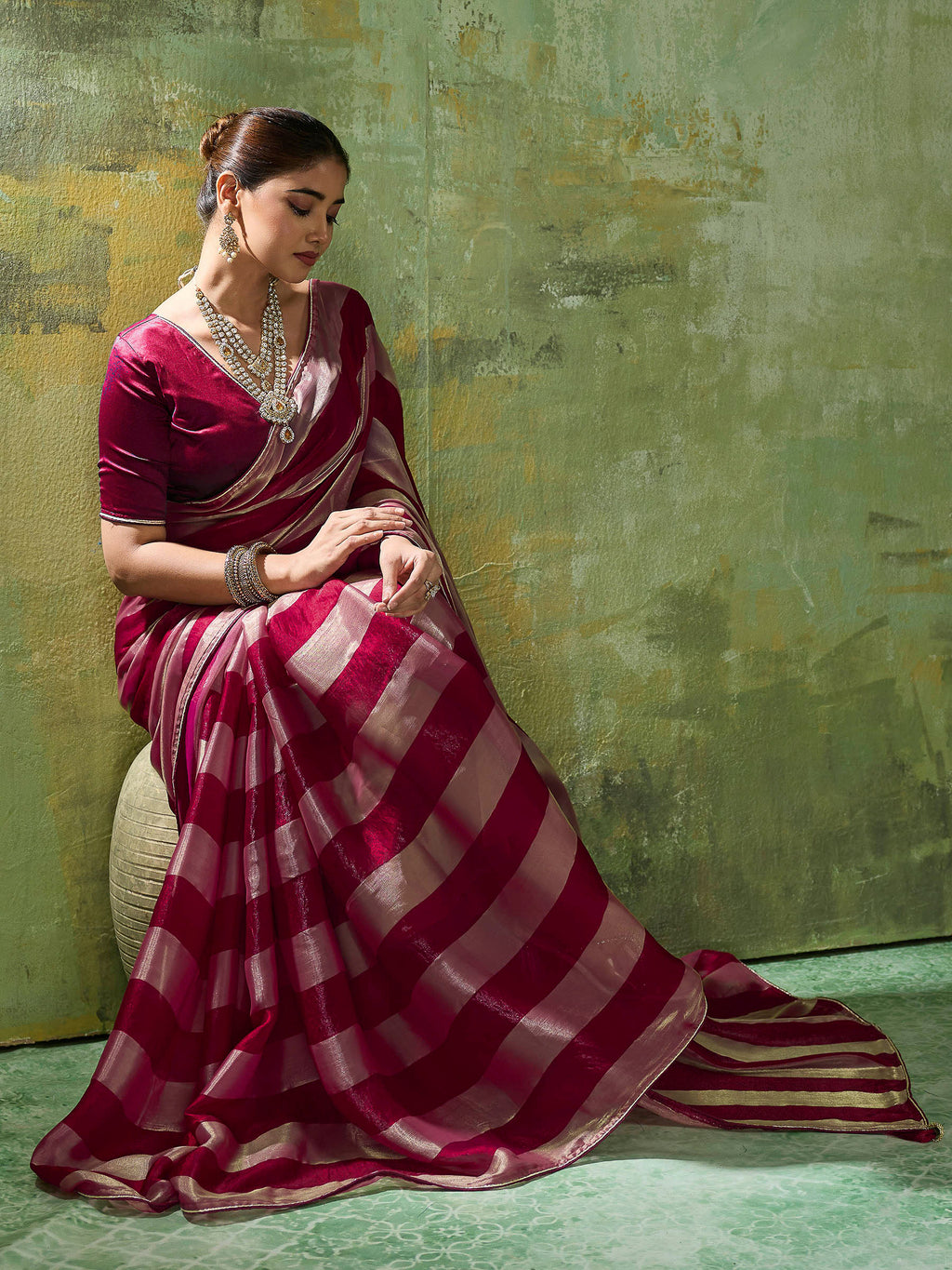 Maroon Satin Woven Saree