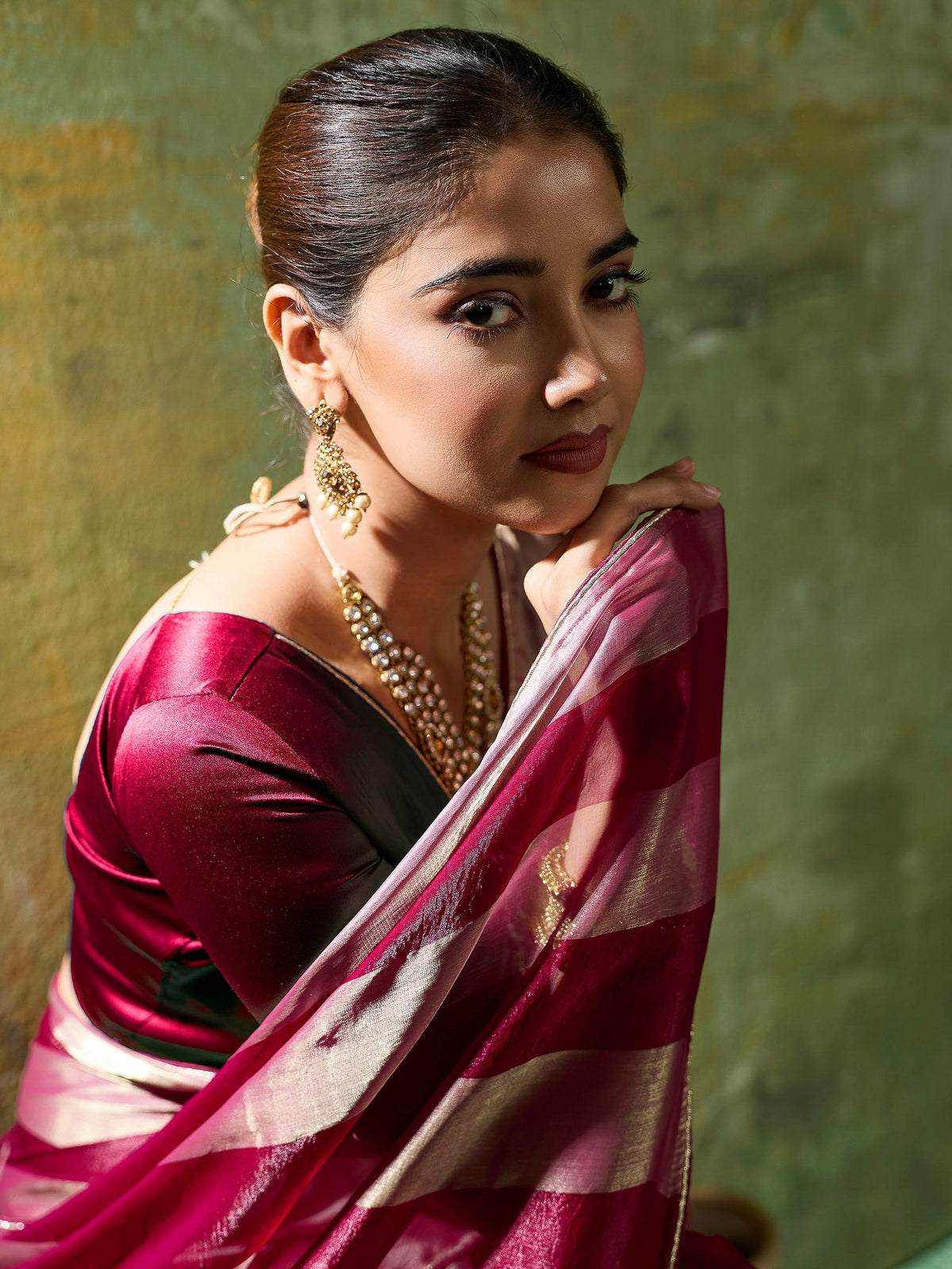 Maroon Satin Woven Saree