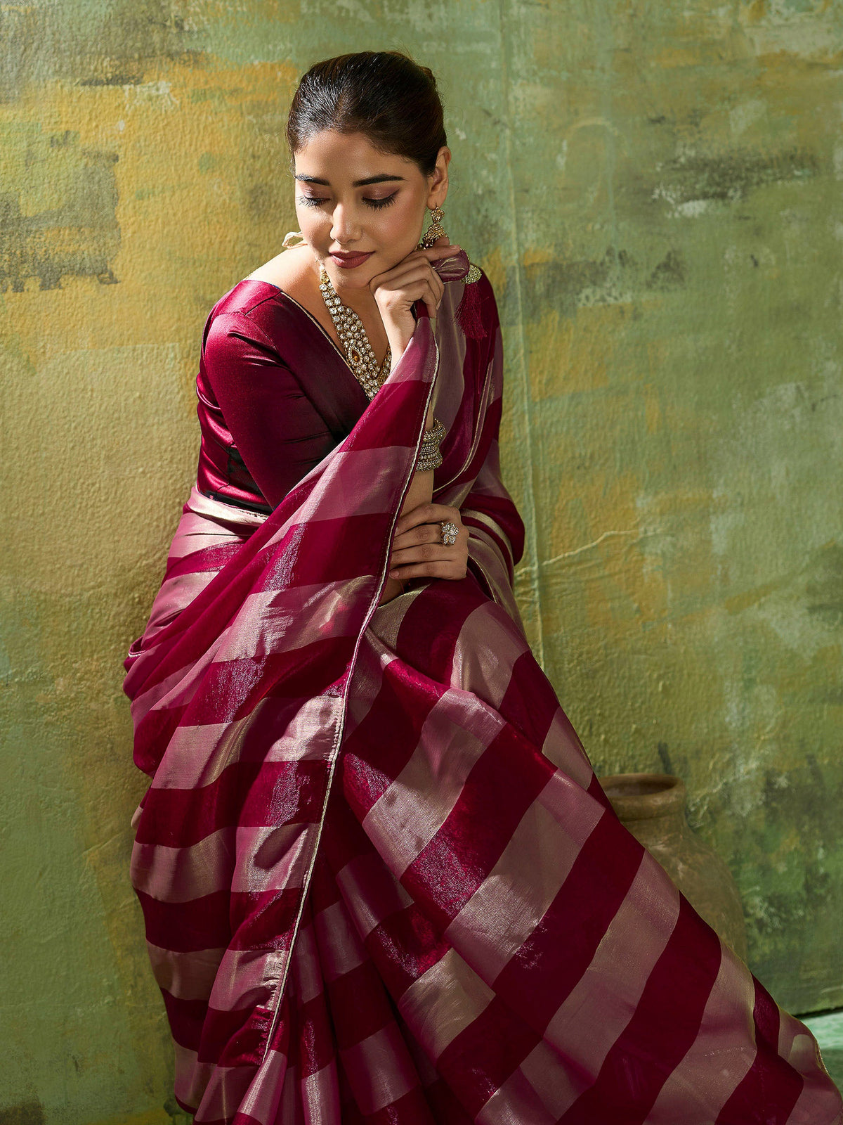 Maroon Satin Woven Saree