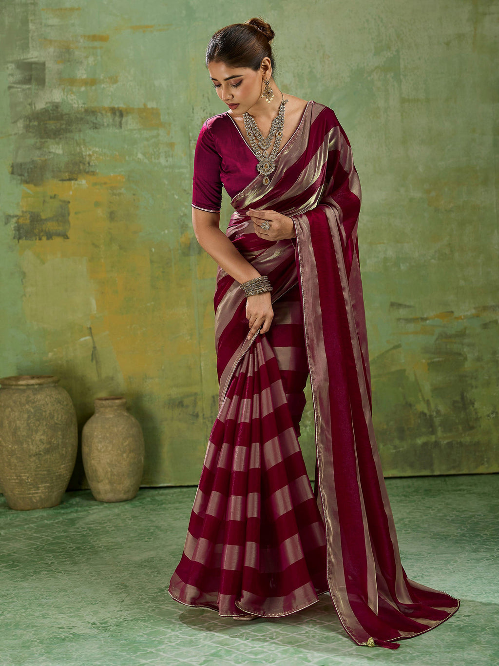 Maroon Satin Woven Saree