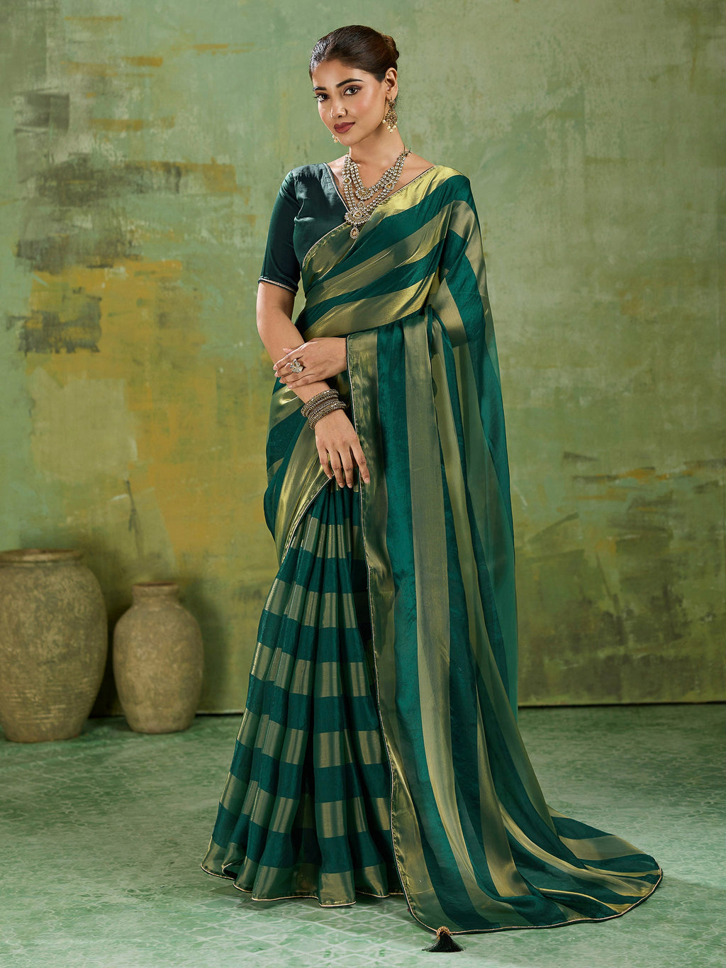 Green Satin Woven Saree