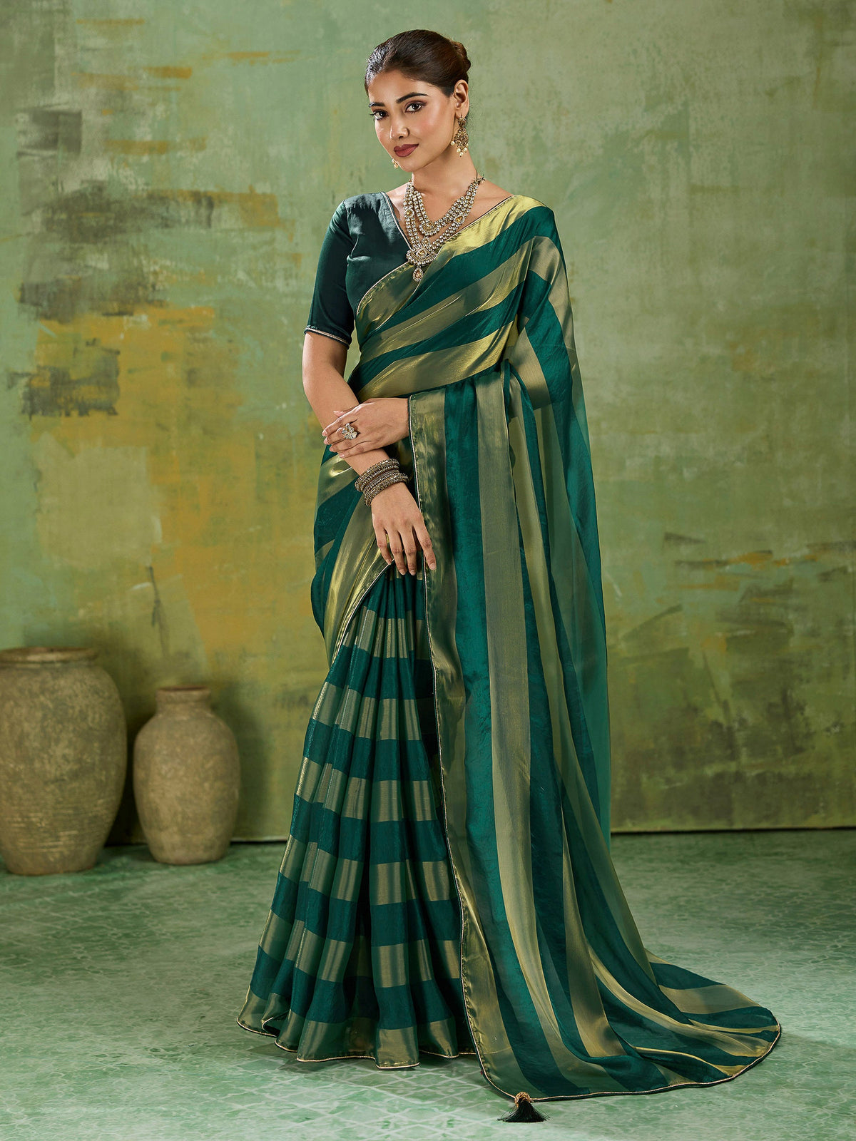 Green Satin Woven Saree