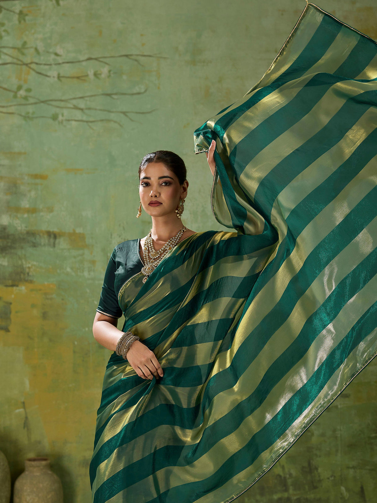 Green Satin Woven Saree