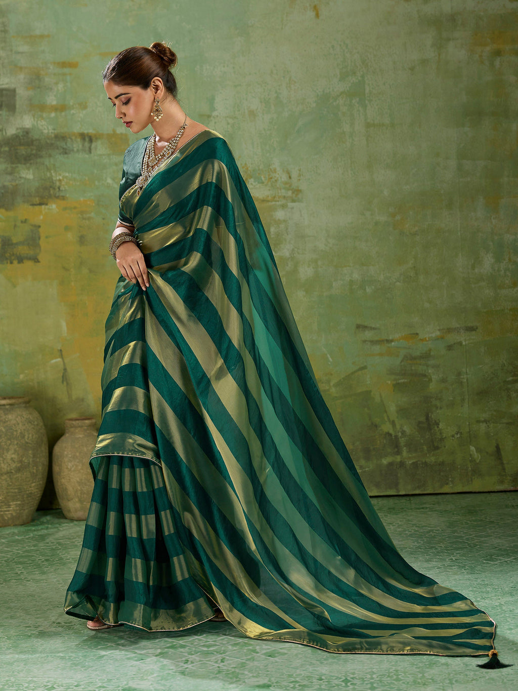 Green Satin Woven Saree