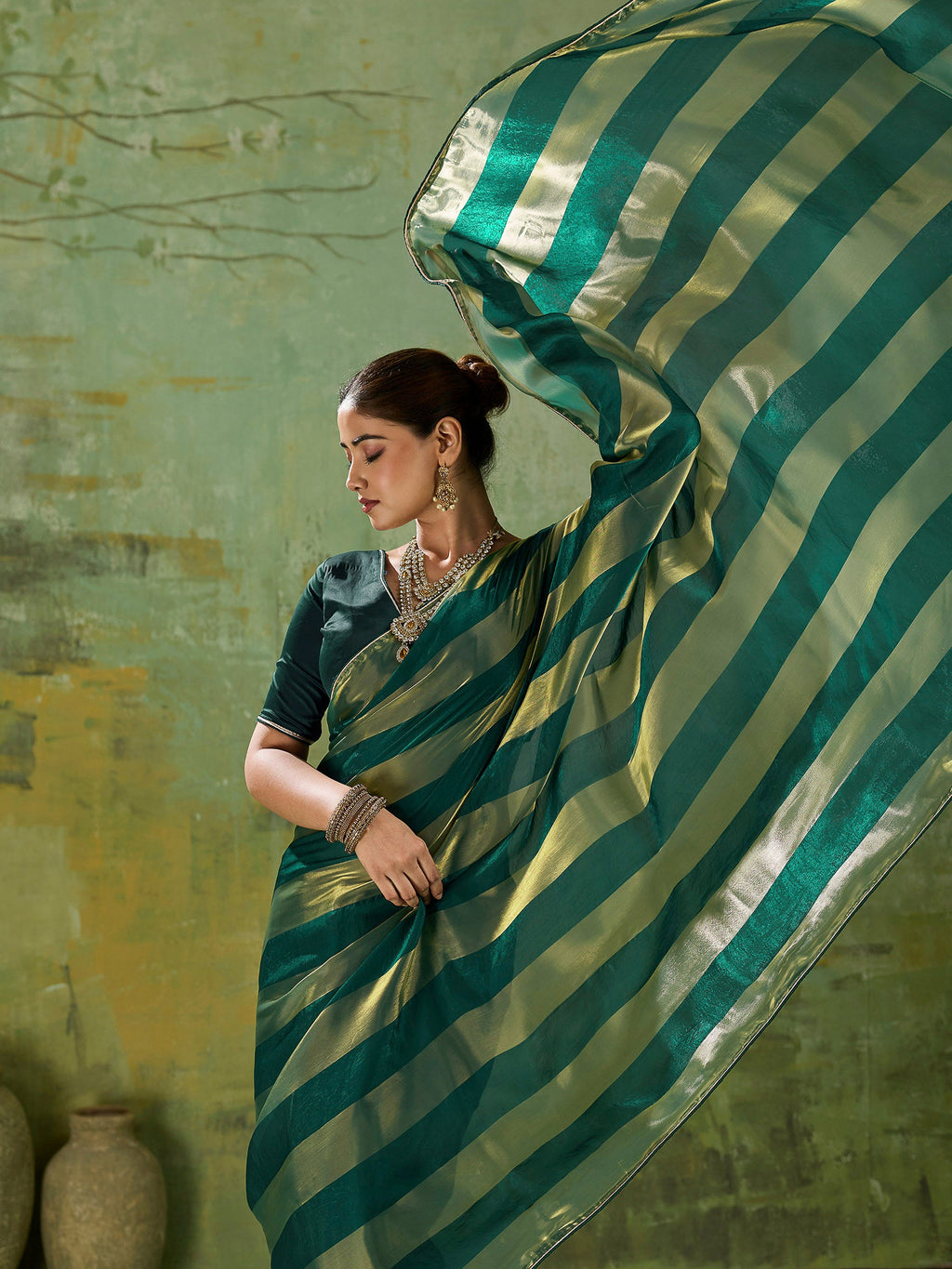 Green Satin Woven Saree