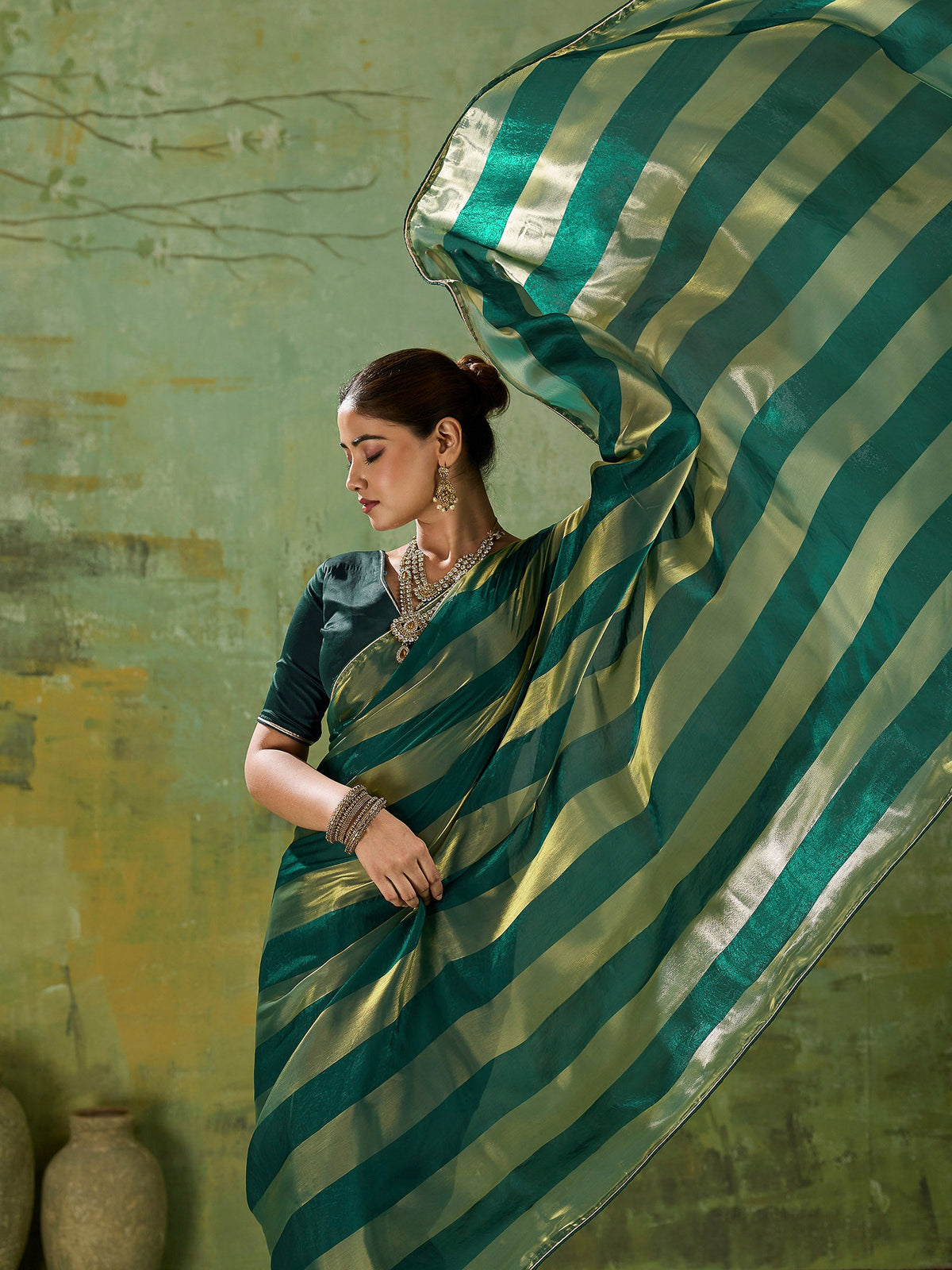 Green Satin Woven Saree