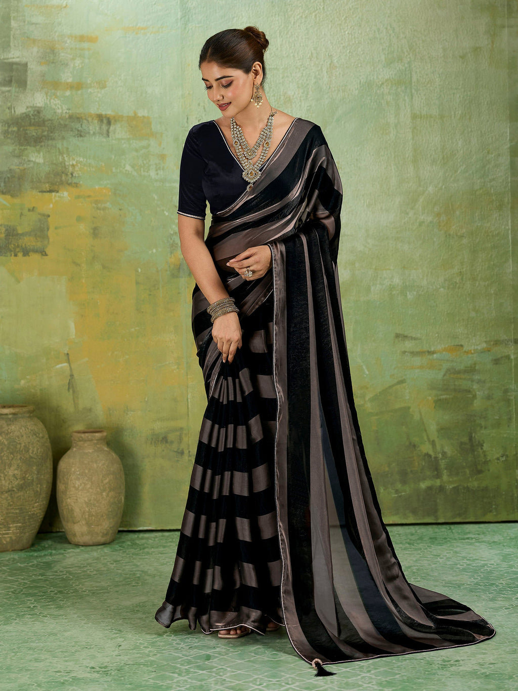Black Satin Woven Saree