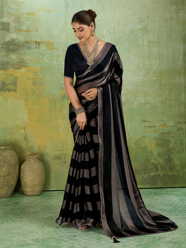 Black Satin Woven Saree