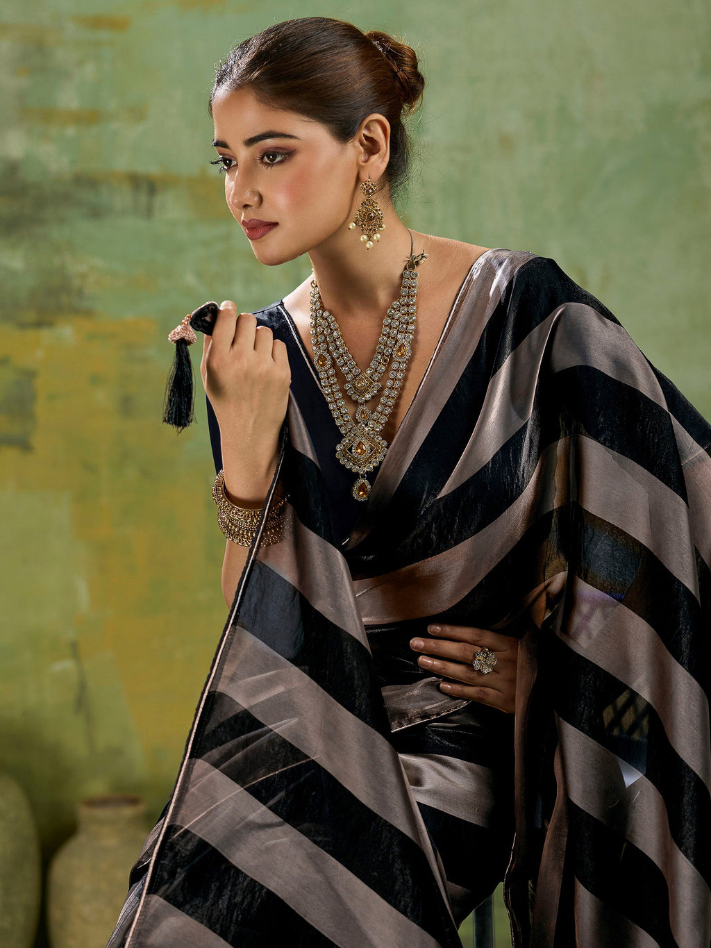 Black Satin Woven Saree