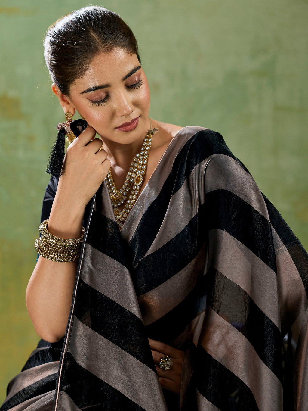 Black Satin Woven Saree