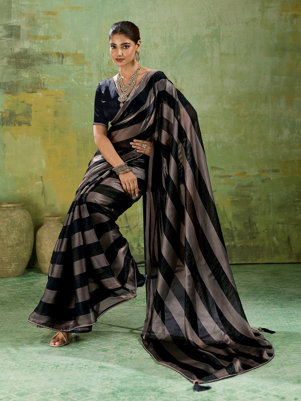 Black Satin Woven Saree