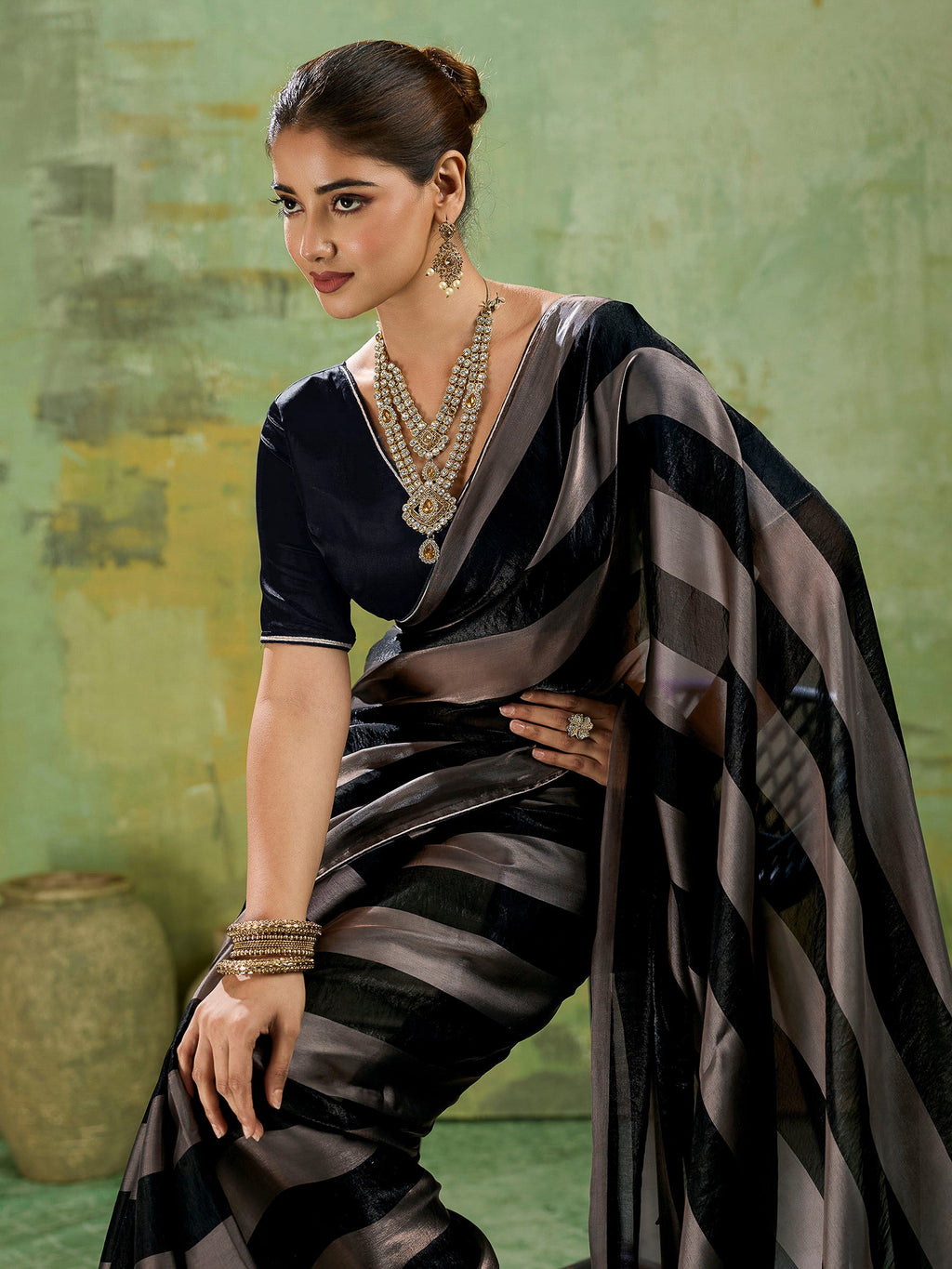 Black Satin Woven Saree
