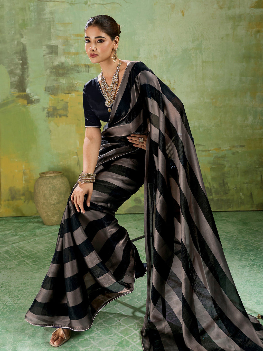 Black Satin Woven Saree