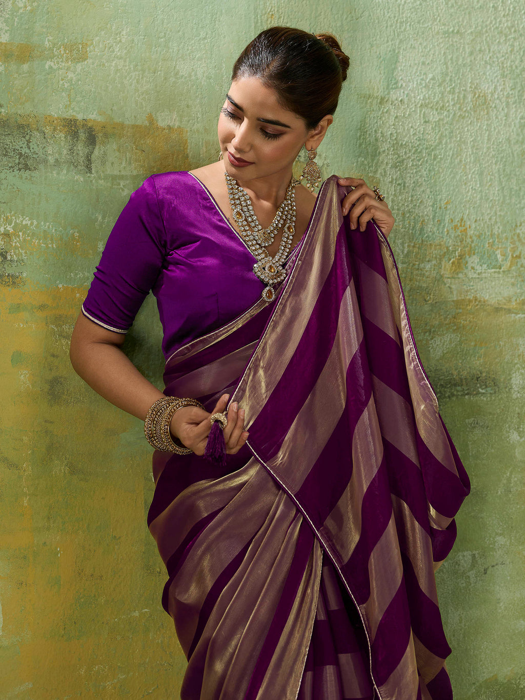 Purple Satin Woven Saree