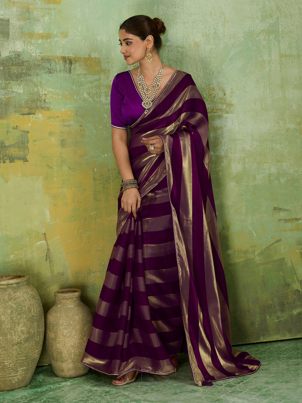Purple Satin Woven Saree