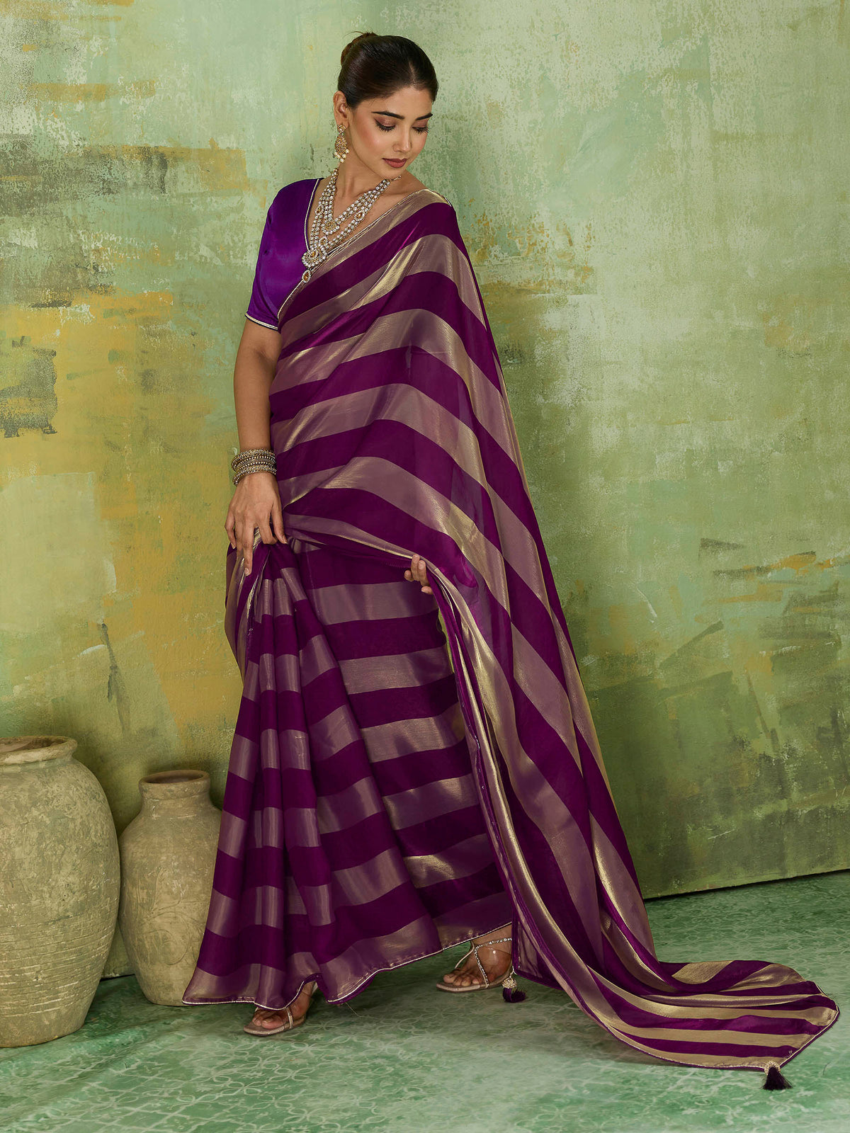 Purple Satin Woven Saree