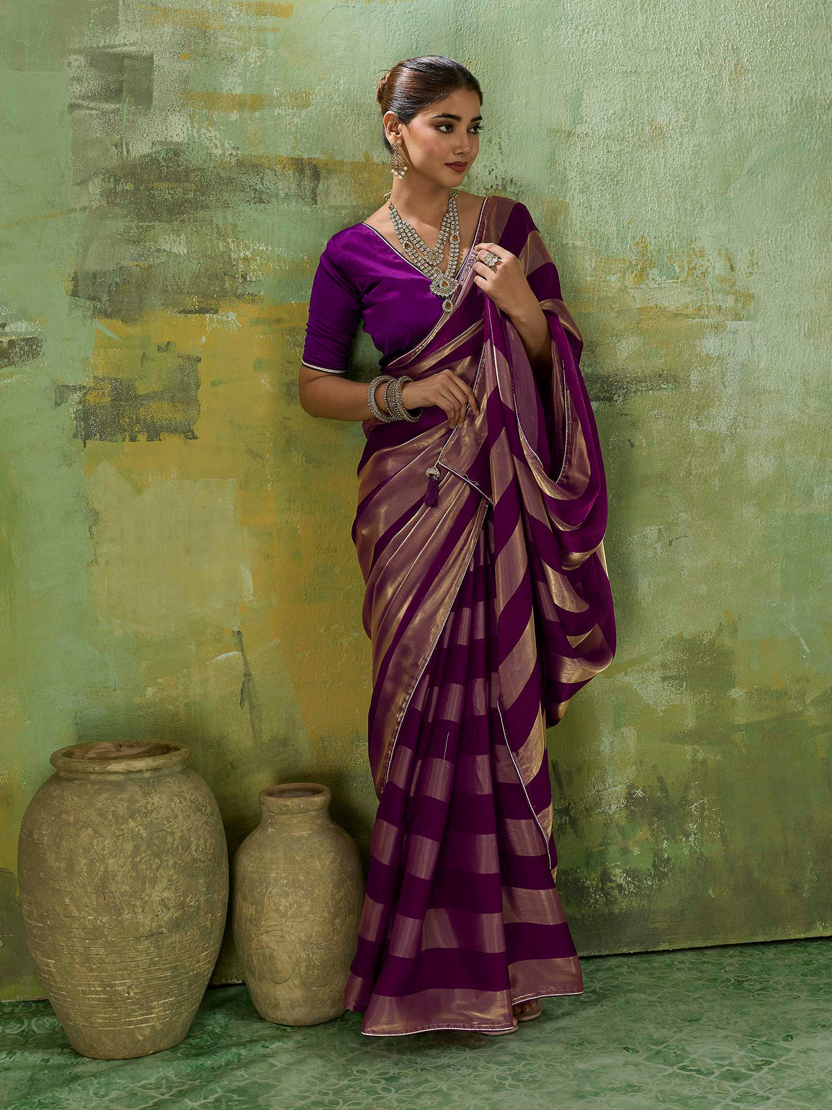 Purple Satin Woven Saree