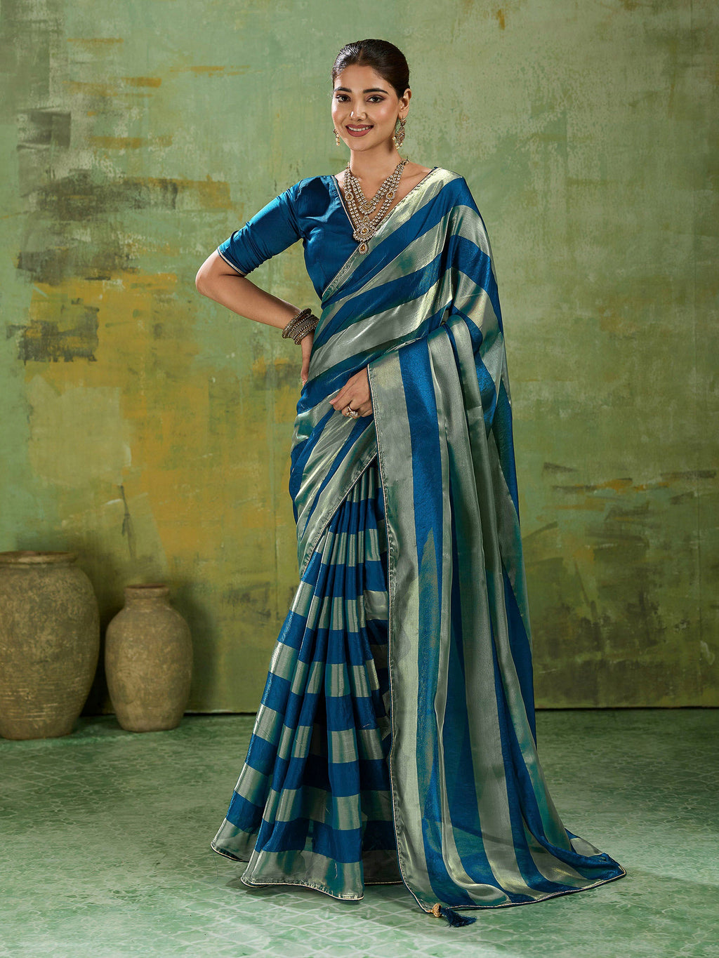 Teal-Blue Satin Woven Saree