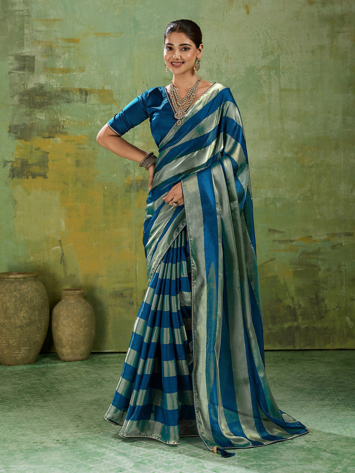 Teal-Blue Satin Woven Saree