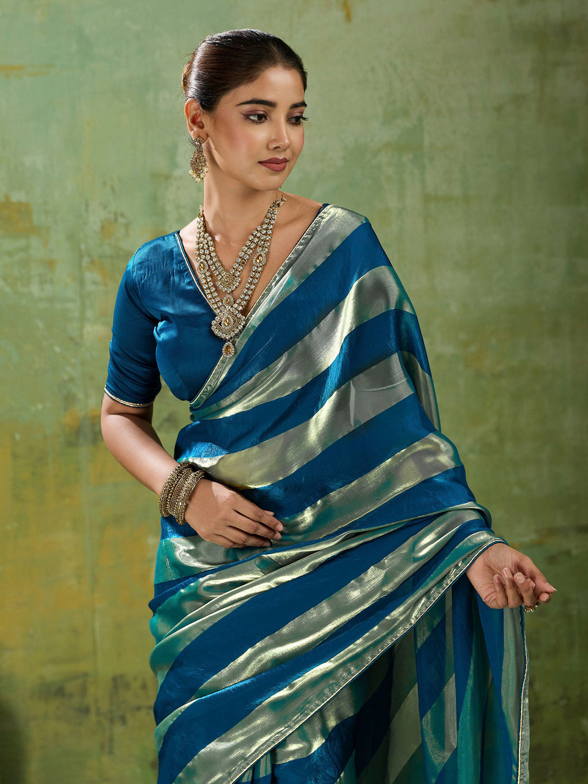 Teal-Blue Satin Woven Saree