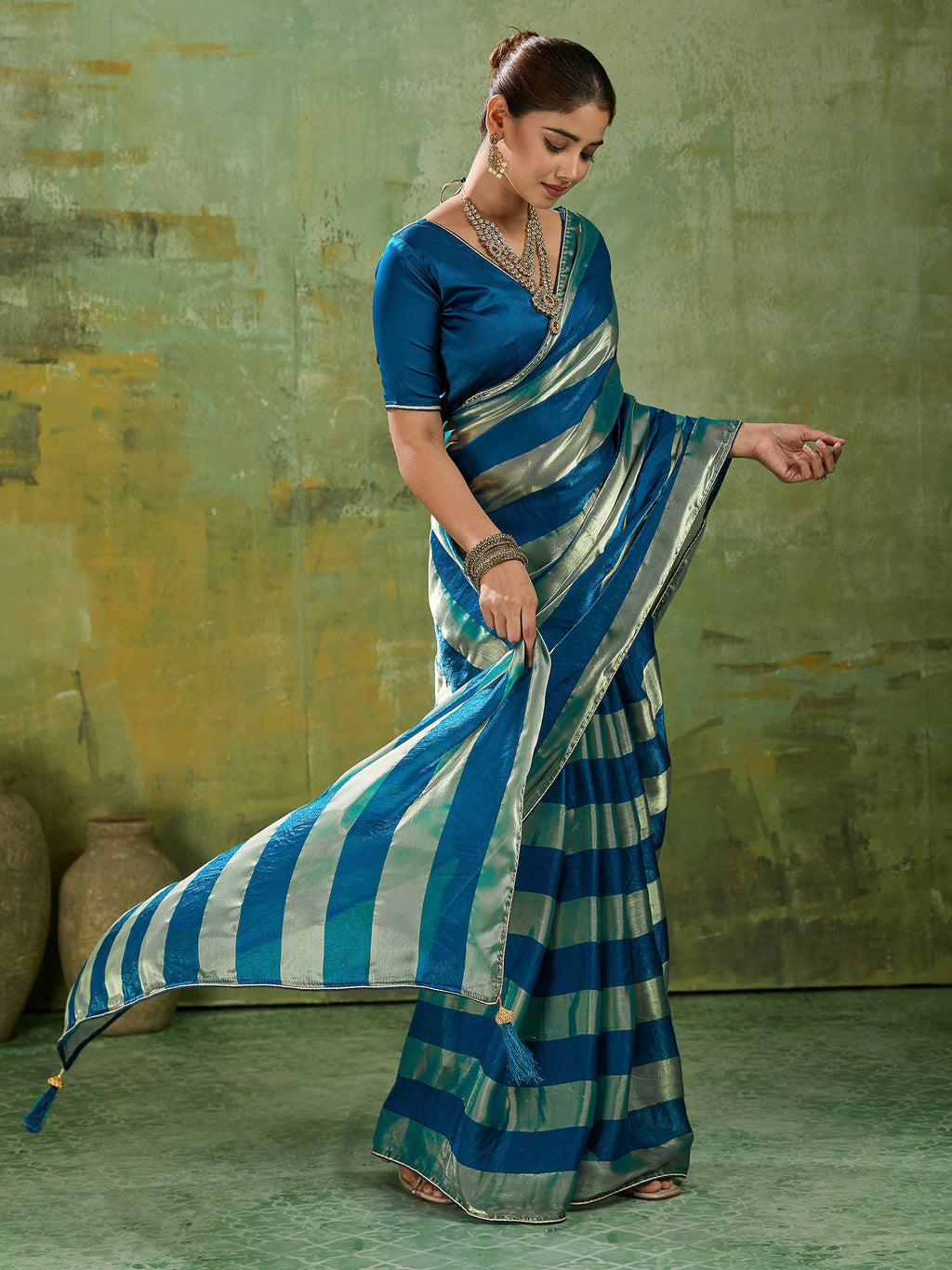 Teal-Blue Satin Woven Saree