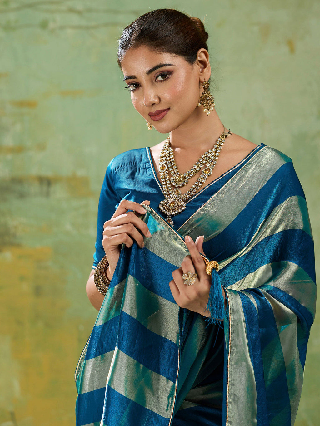 Teal-Blue Satin Woven Saree