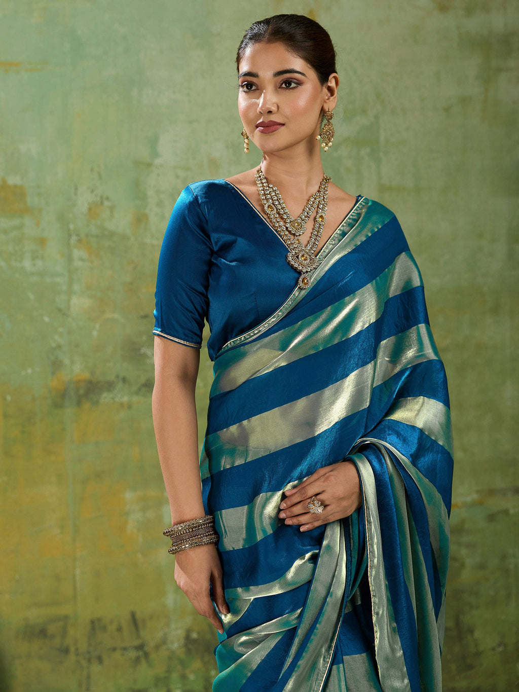 Teal-Blue Satin Woven Saree