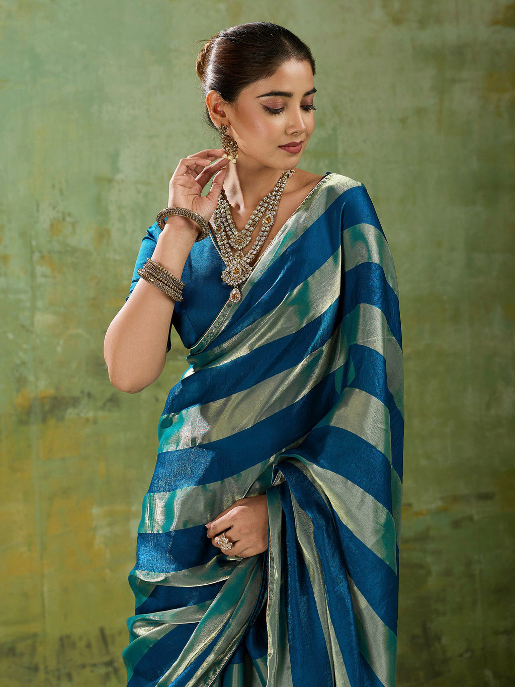 Teal-Blue Satin Woven Saree