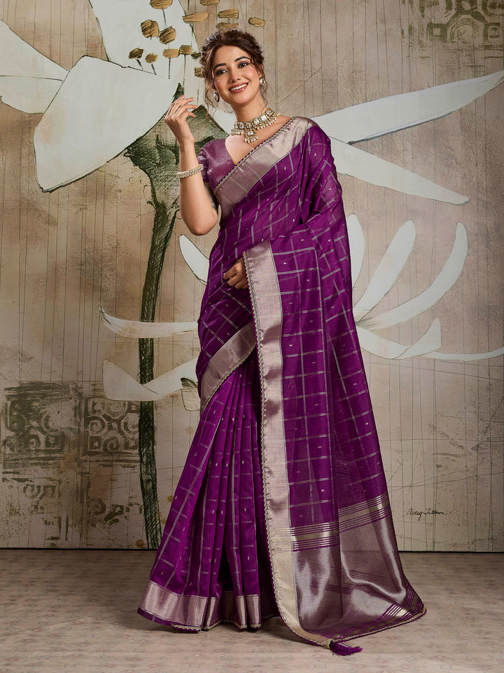 Purple Woven Design Cotton Tissue Checks Saree