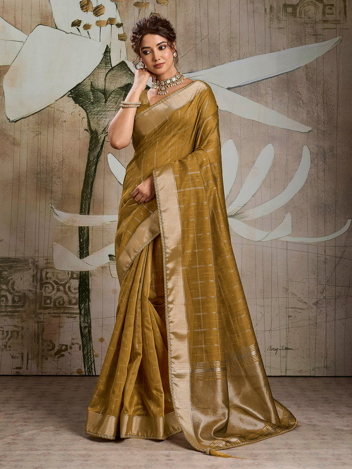 Mustard Woven Design Cotton Tissue Checks Saree