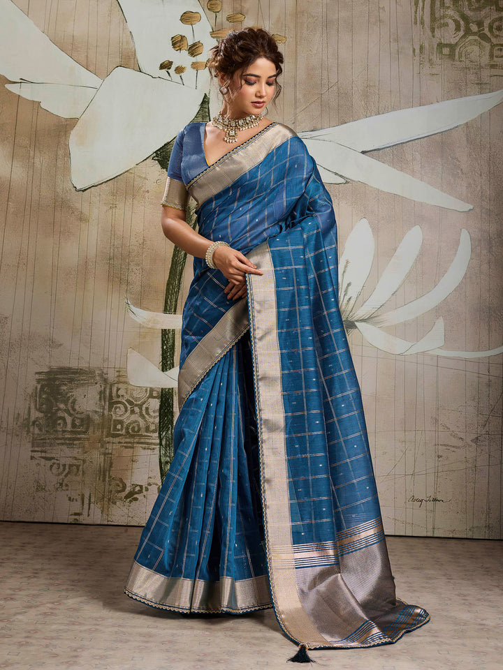 Blue Woven Design Cotton Tissue Checks Saree