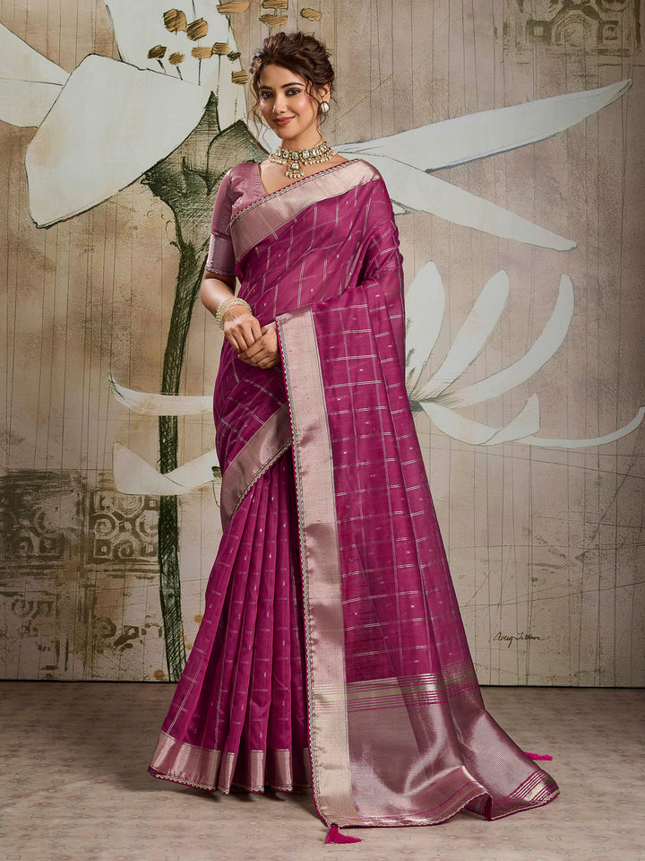 Wine Woven Design Cotton Tissue Checks Saree