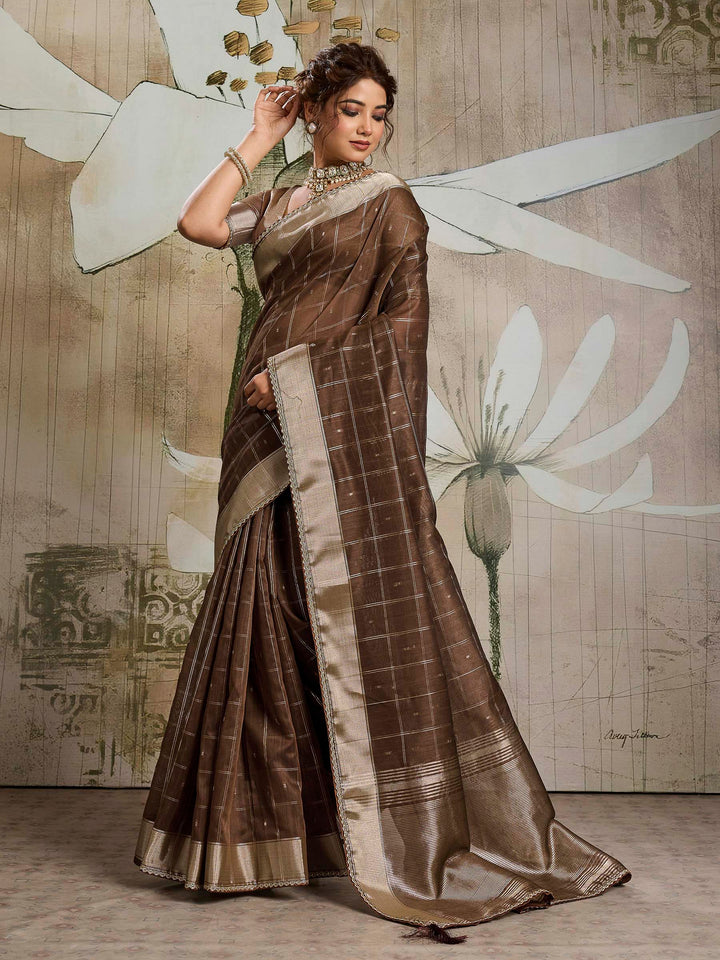 Brown Woven Design Cotton Tissue Checks Saree