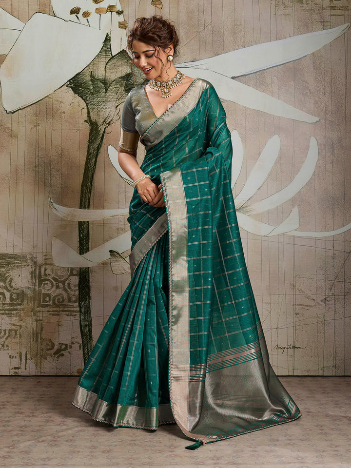 Teal Blue Woven Design Cotton Tissue Checks Saree