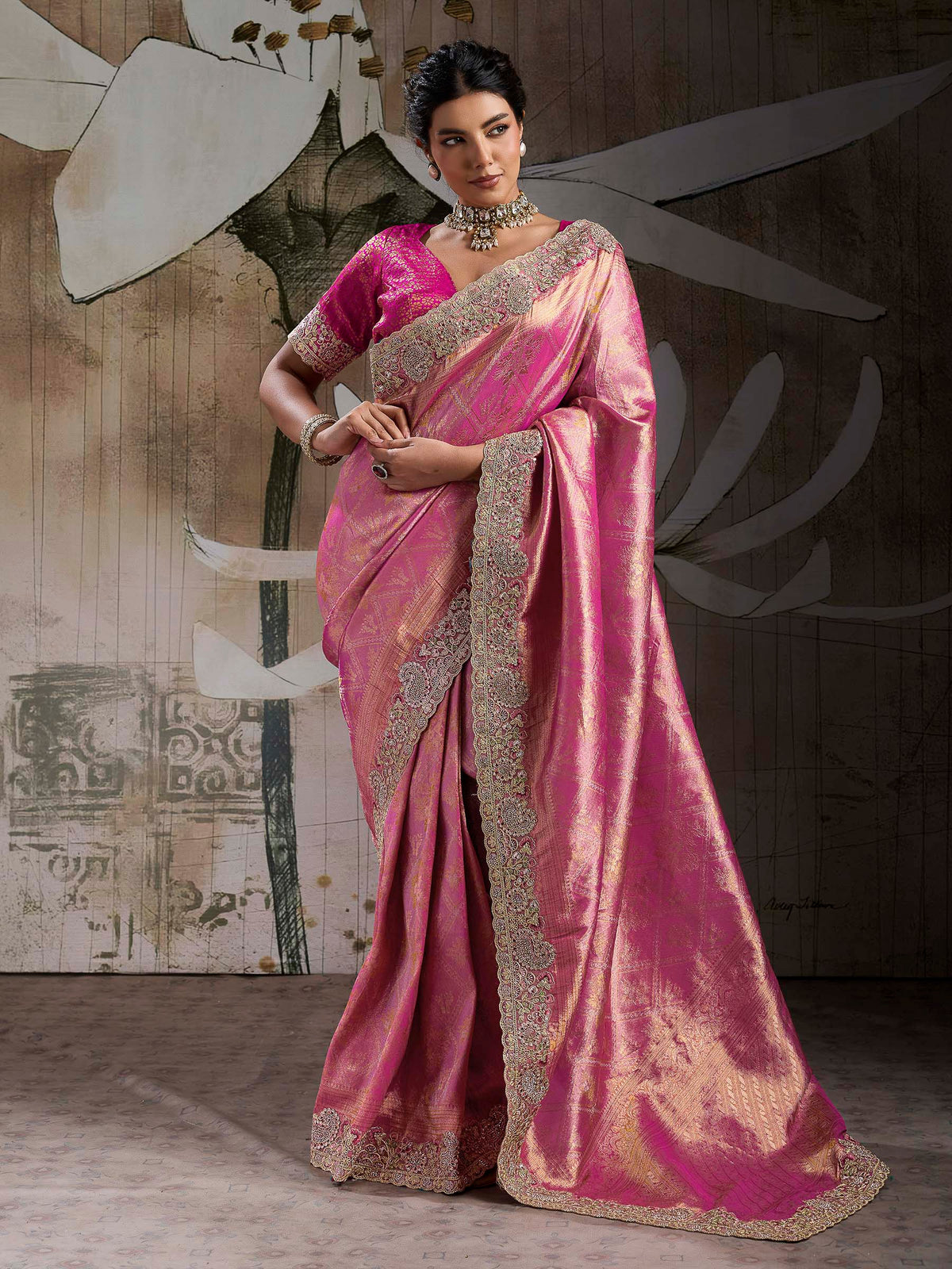 Pink Kanjivaram Silk Embroidered Handloom Saree