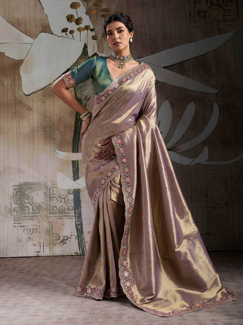 Mauve Kanjivaram Silk Embroidered Handloom Saree