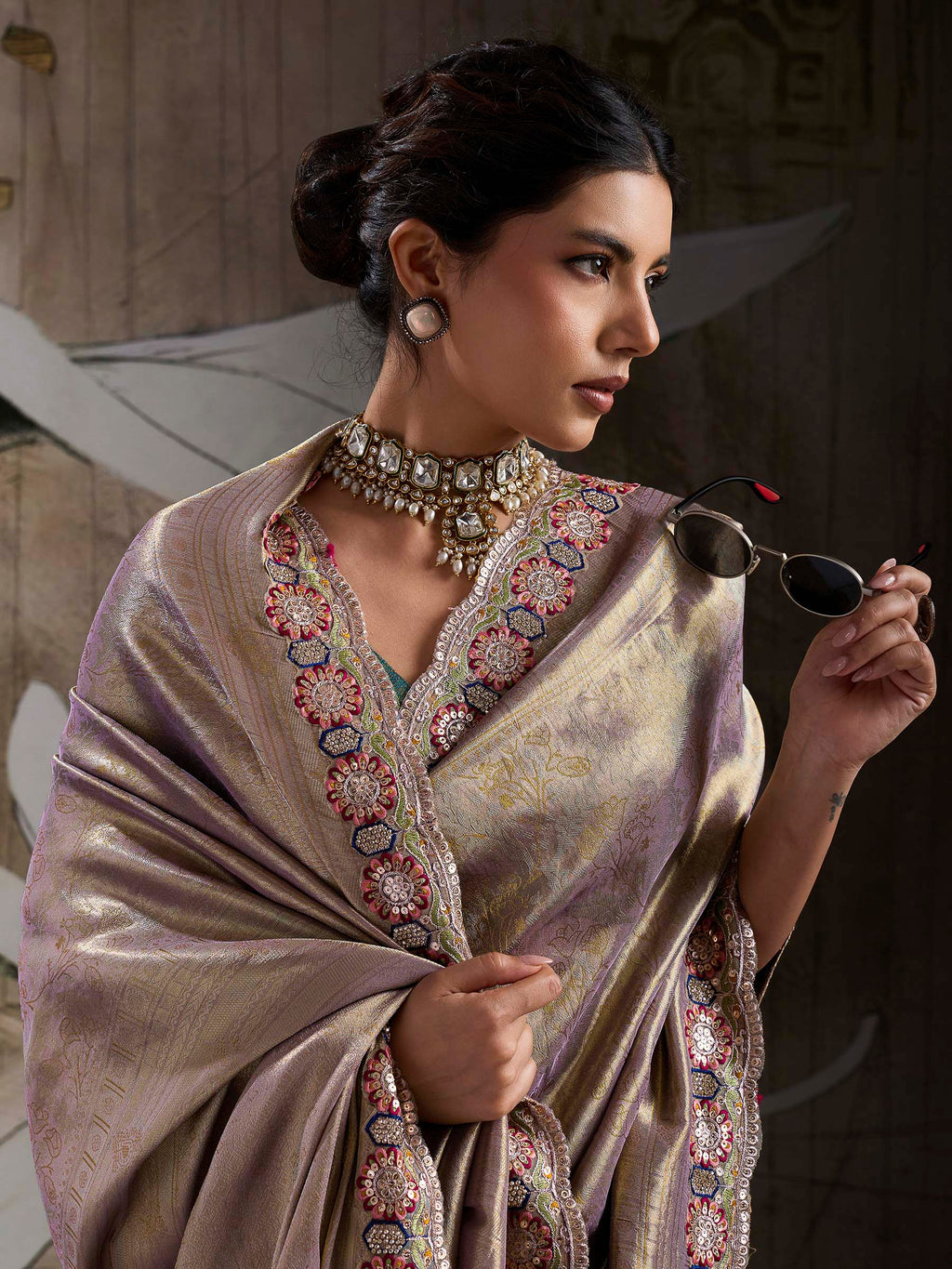 Mauve Kanjivaram Silk Embroidered Handloom Saree