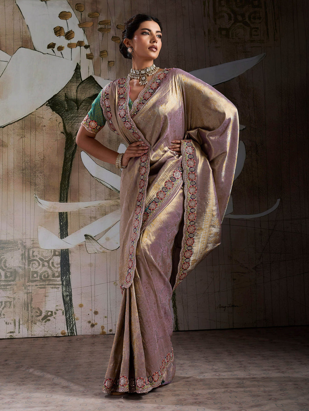 Mauve Kanjivaram Silk Embroidered Handloom Saree