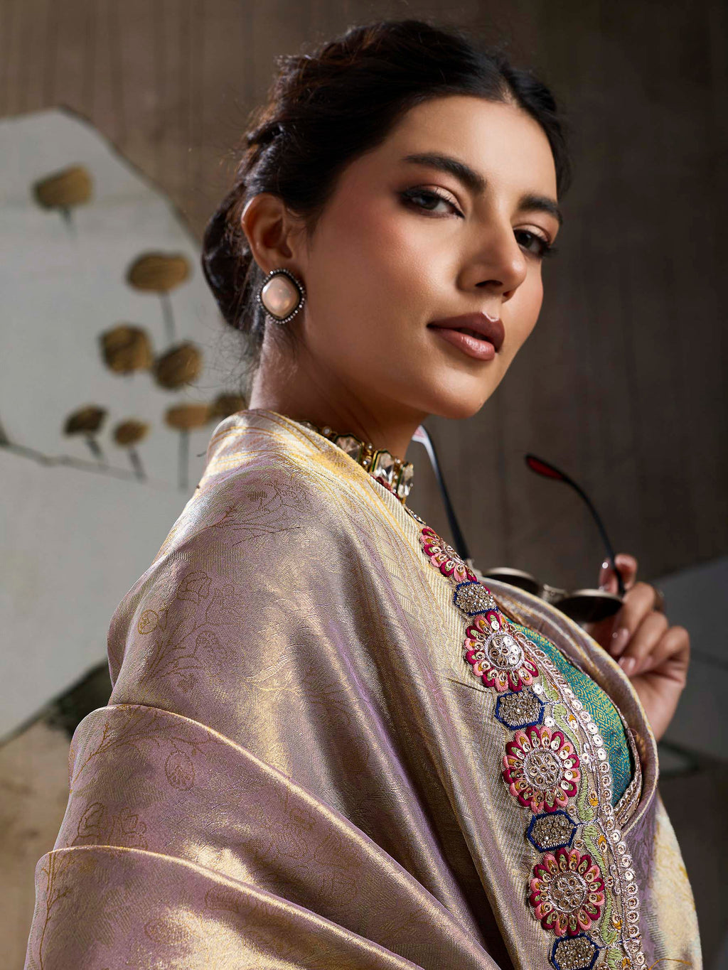 Mauve Kanjivaram Silk Embroidered Handloom Saree