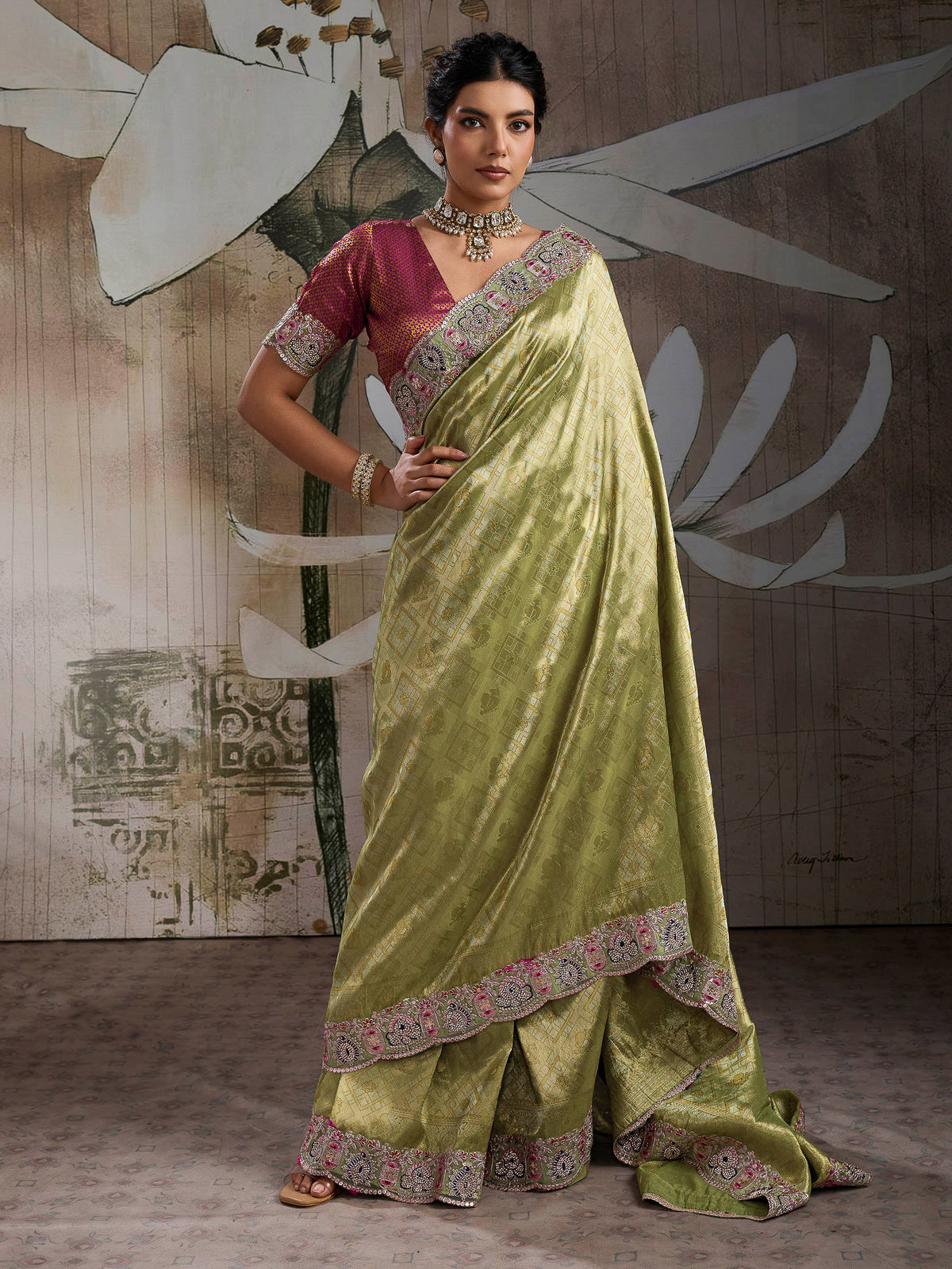 Pista-Green Kanjivaram Silk Embroidered Handloom Saree