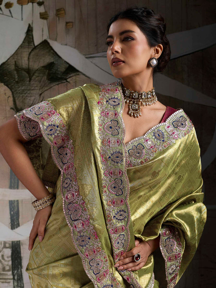 Pista-Green Kanjivaram Silk Embroidered Handloom Saree